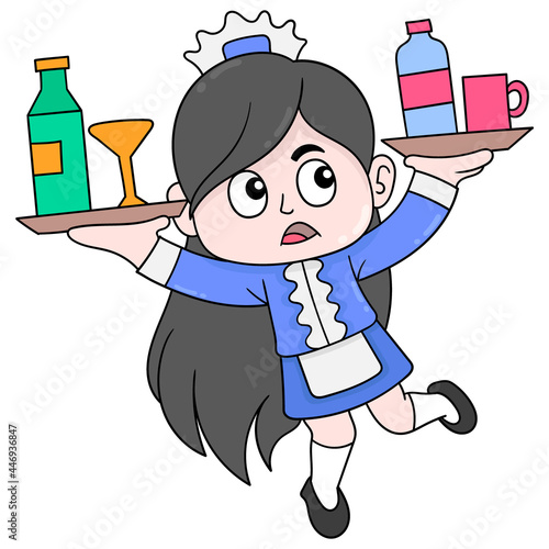 beautiful waitress woman is bringing menu to serve, doodle icon image kawaii