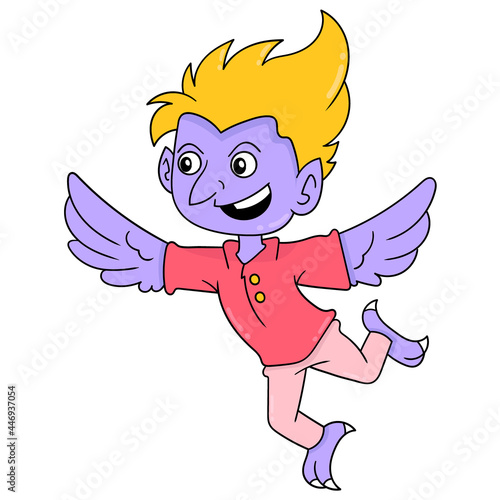 happy flying bird man creature, doodle icon image kawaii