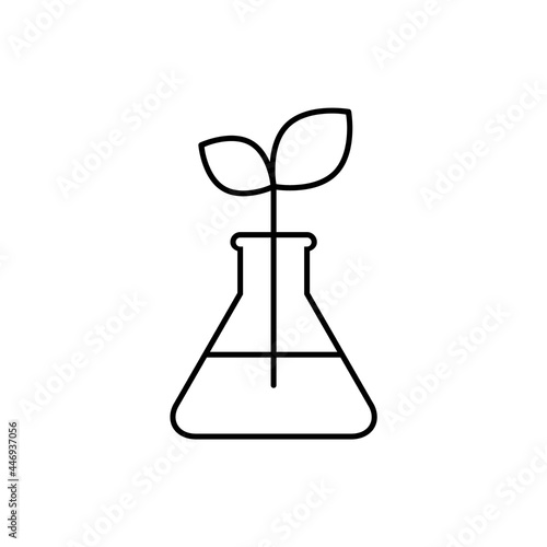 Plant in flask line icon. Bioengineering, biotechnology concept. Nature and chemistry. Pharmaceutical engineering. Growing plants in vitro. Future food production. Vector illustration, flat, clip art.