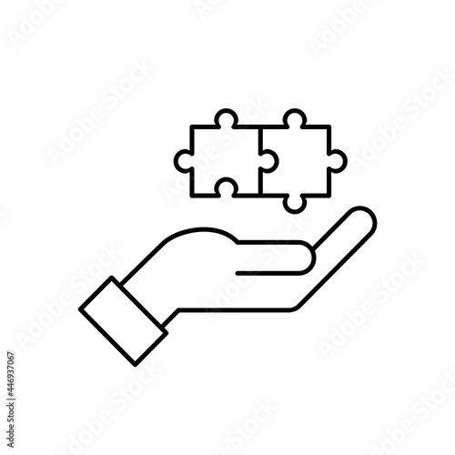 
Provide solution line icon. Hand holding puzzle pieces. Solving problem concept. Businessman puts two jigsaw puzzle pieces together. Consulting services symbol. Vector illustration, flat, clip art.
