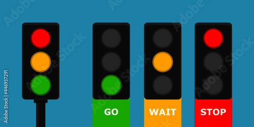 Traffic light pole rules street with green yellow and red light on road on blue background flat icon vector.