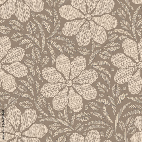 Beige flower emroibery pattern.