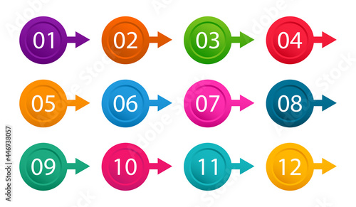 Number bullet point from one to twelve. Colorful markers. Modern flags points. Vector illustration.