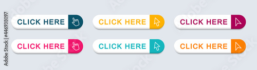 Click here web buttons. Set of action button click here with arrow pointer. Vector illustration.