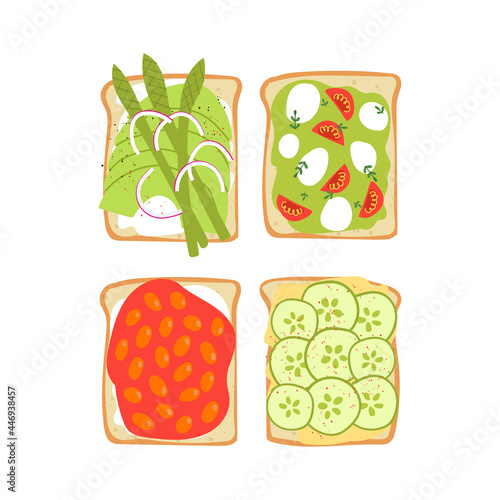 Avocado toast set. Cute vegan healthy breakfast. Flat hand drawn yummy sandwiches with vegetables, plant based cheese, baked beans, hummus.