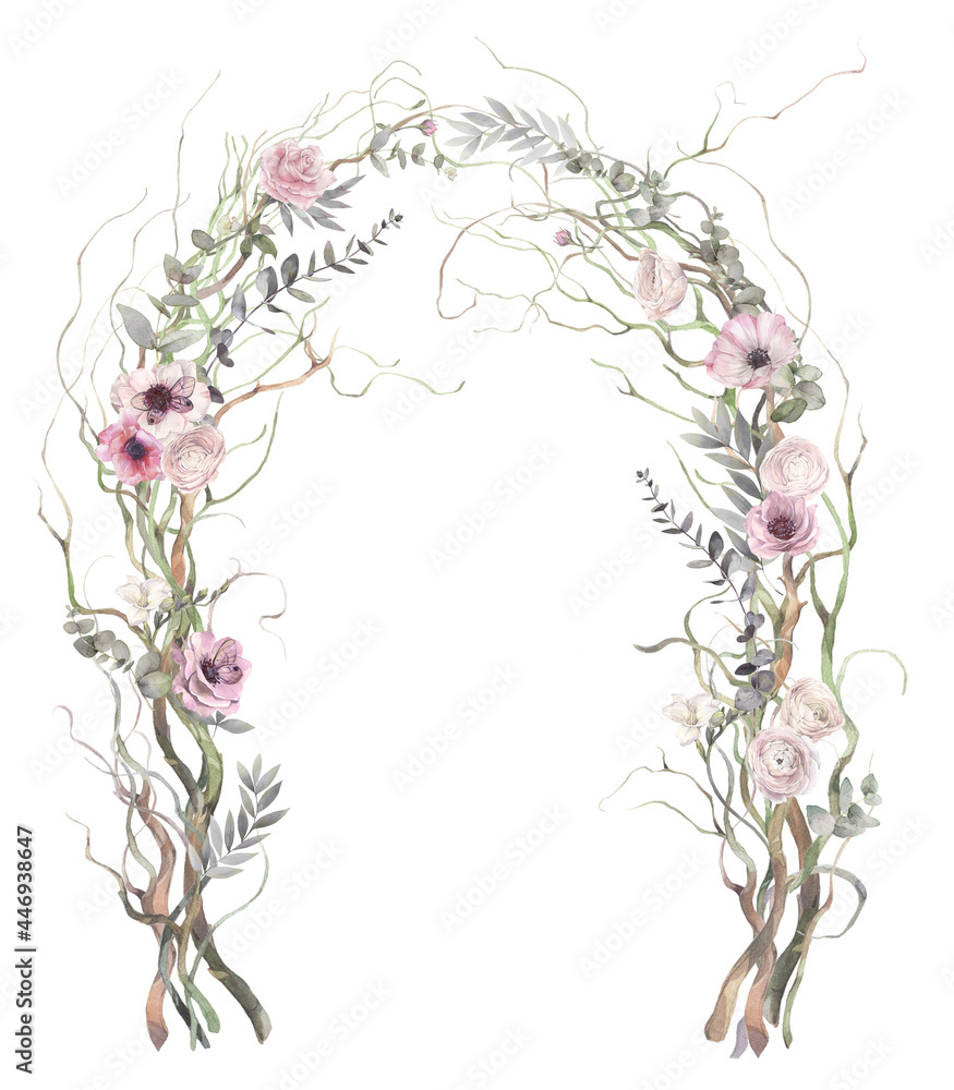Garden wedding arch of tender flowers, branches and eucalyptus. Hand painted watercolor illustration. - obrazy, fototapety, plakaty 