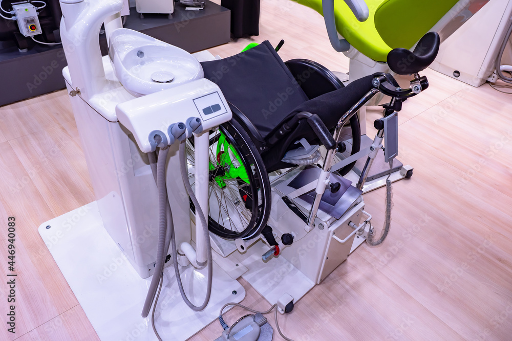 Dental chair disabled patients. Dental chair with wheelchair top view