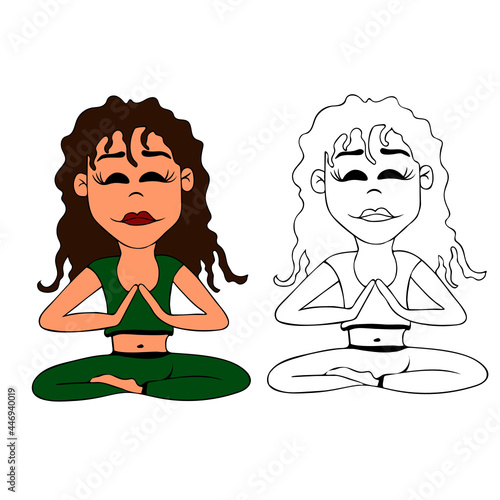 Vector. young girl is sitting in the lotus position, yoga, coloring book. The concept of meditation. Outline and color illustration.