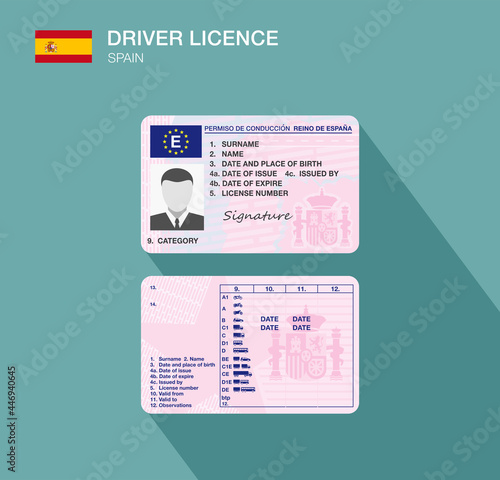 Spanish car driver license identification. Flat vector illustration template. Spain.