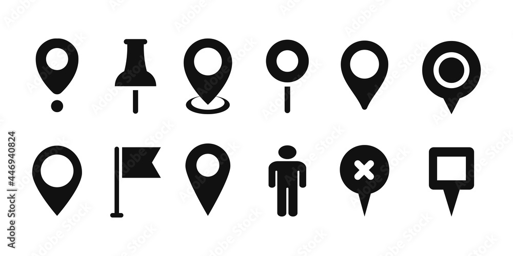 Map pin pointers icons set. Map marker, flag and arrow flat symbols. Location pin sign. GPS button isolated on white background. Vector illustration. - obrazy, fototapety, plakaty 