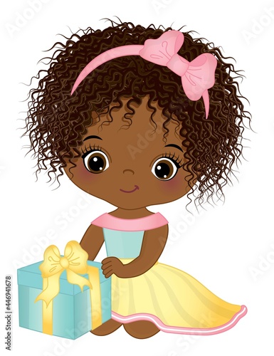 Cute Little African American Girl Holding Gift Box