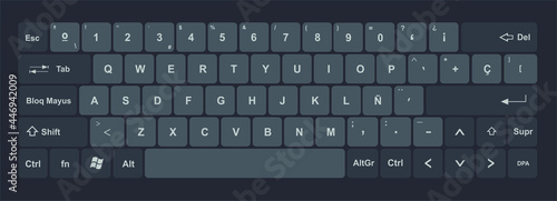 Keyboard with black and dark gray keys, and all symbols, letters of the alphabet and numbers to type -  Spanish or hispanic design for a vector editable keypad photo