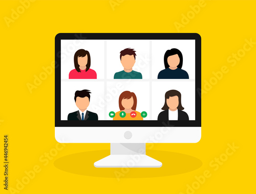 Online conference. Video call. Stay and work from home. Video conference chat illustration. Stream, web chatting, meeting friends online. Computer screen, group of people talking by internet. Vector