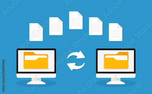 File transfer. Two computers with files on blue background, folder or documents transferring between each other. Transfer of documentation. File sharing concept. Flat design. Vector