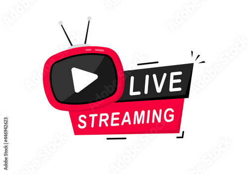 Live Stream sign. Live broadcast button for blog, player, broadcast, website, online radio, media labels. Live streaming element for broadcasting or online tv stream. Live stream icon with play button