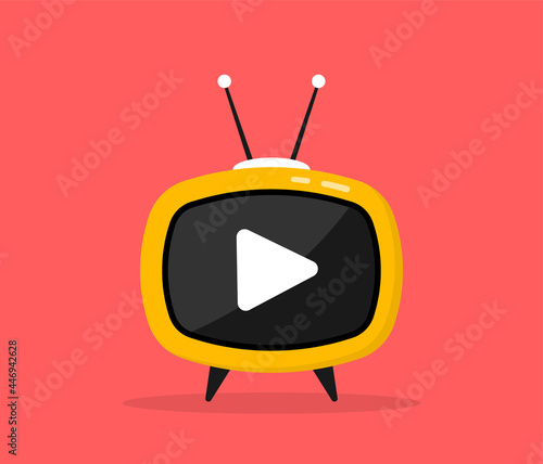 Flat screen tv vector illustration. Live stream icon with play button. Television box for news and show translation. TV with antenna. Flat vector logo.