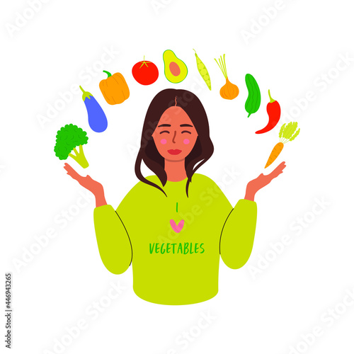 Flat vector cartoon illustration of a young vegan woman surrounded by vegetables. The concept of conscious choice in favor of vegetables. Isolated design on a white background.