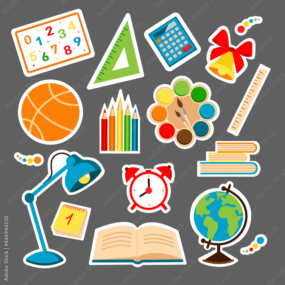 Set of school supplies and stationery. Back to school stickers . Vector illustration.