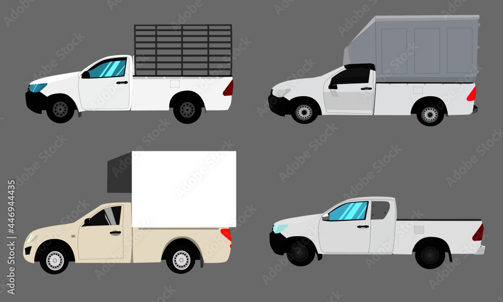 Set of isolated Pickup truck of different. pickup, express delivery van, transport advertising, pickup trucks. 