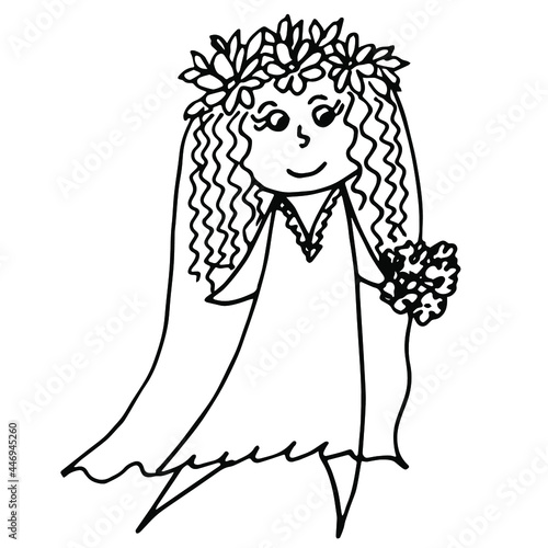 Hand-drawn cartoon funny curly bride with bouquet