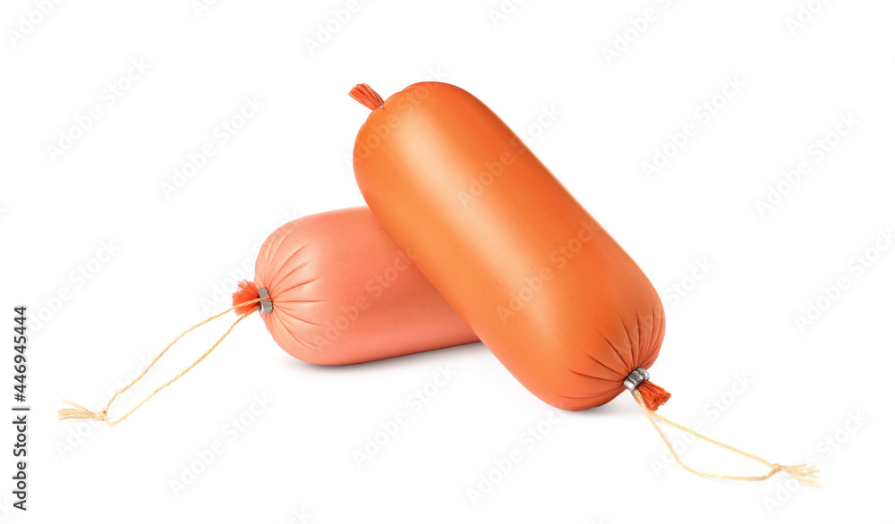 Different tasty boiled sausages on white background Different tasty boiled sausages on white background
