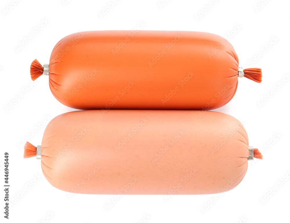 Different tasty boiled sausages on white background, top view Different tasty boiled sausages on white background, top view