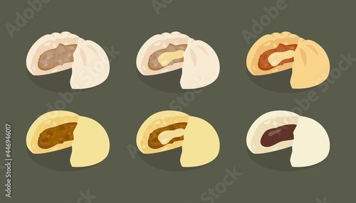 半分にした様々な肉まんのベクターイラスト素材