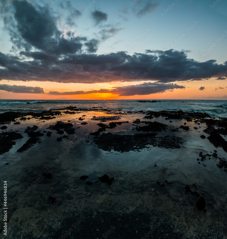 Sunset on The Tidepools of Anaehoomalu Point and Waiulua Bay, Hawaii Island, Hawaii, USA