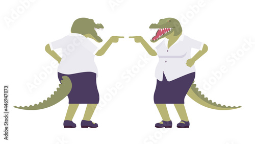 Crocodile woman, green reptile lady, animal head, tail human mocking. Aggressive dangerous person with powerful jaws, teeth, wild predator. Vector flat style cartoon illustration, front and rear view