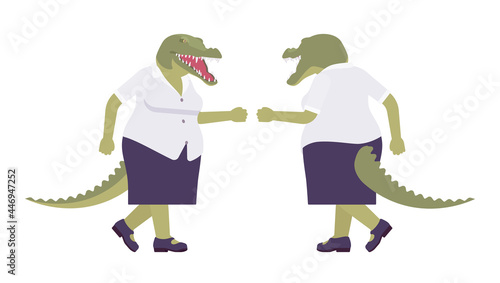 Crocodile woman, green reptile lady, animal head, tail human walking. Aggressive dangerous person with powerful jaws, teeth, wild predator. Vector flat style cartoon illustration, front and rear view