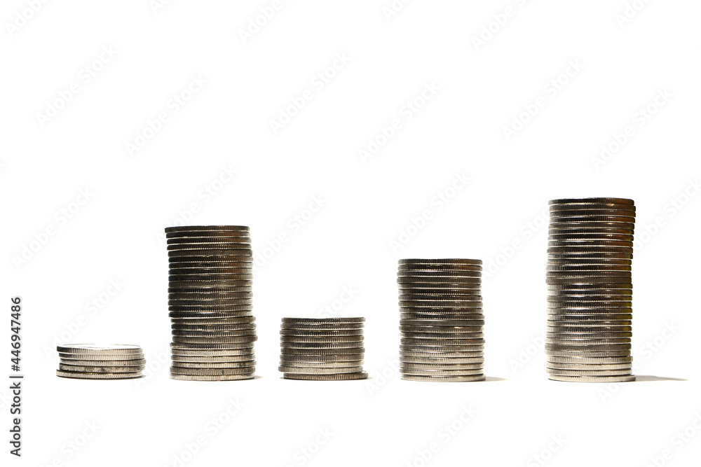 five stacks of coins, with the stacks increasing in height from left to right. five stacks of coins, with the stacks increasing in height from left to right.