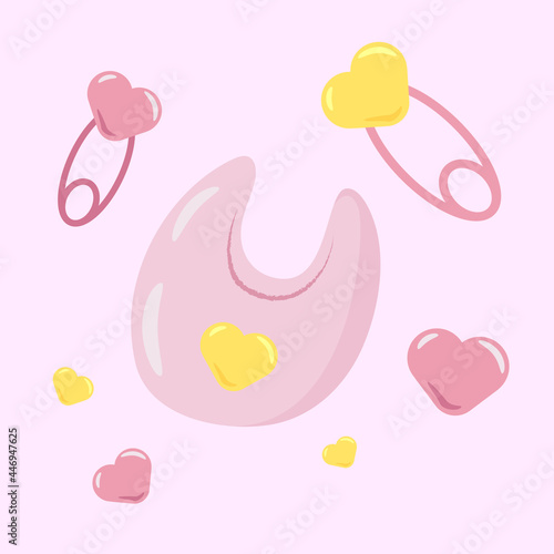 Vector set of baby bib and buns for newborn boy. Text, girl
