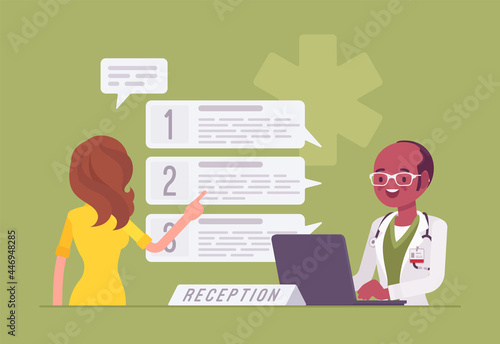 Hospital male administrator, professional healthcare receptionist and patient visitor. Man welcoming woman, fixing clinic appointment using medical software, giving information. Vector illustration