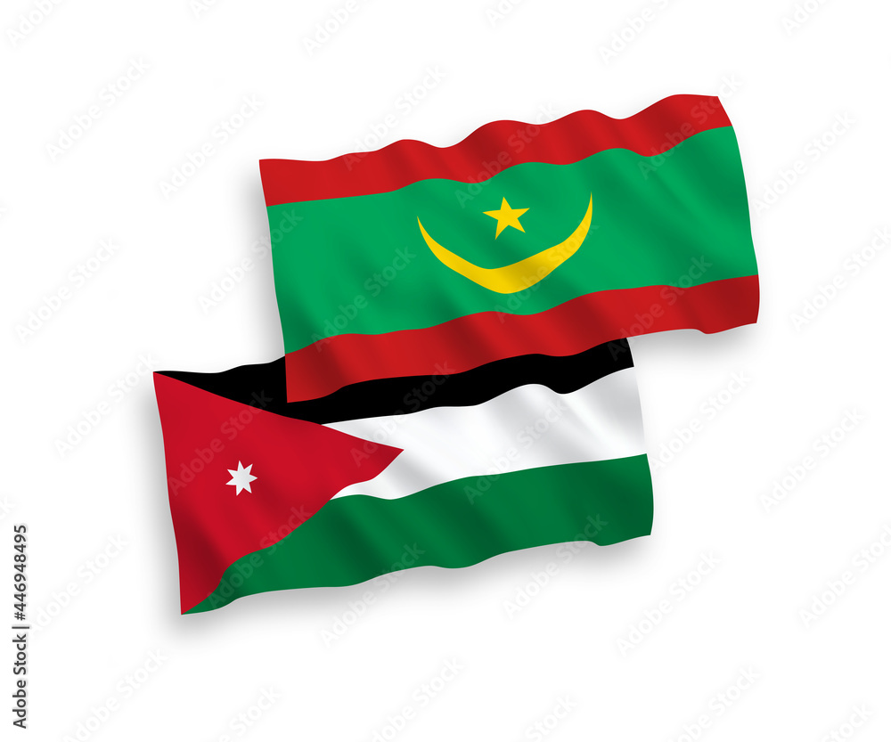 Naklejka premium National vector fabric wave flags of Islamic Republic of Mauritania and Hashemite Kingdom of Jordan isolated on white background. 1 to 2 proportion.