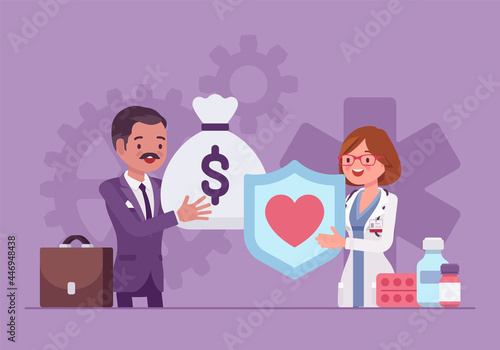 Hospital trustee giving money to administrator for financial health, stability. Male member of Board investing, millionaire making donation, contribution and generous sponsorship. Vector illustration