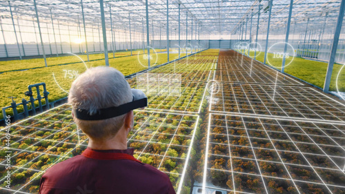 Adult caucasian man farmer using VR glasses checking harvest in modern sunny greenhouse. Farming business. Healthy nutrition. Eco-friendly organic gardening system. Futuristic technology innovation.