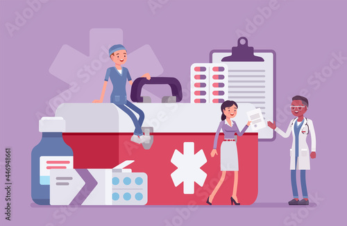 Healthcare female administrator managing doctor staff, hospital community and personnel. Clinic manager busy to organize, control and coordinate service, giant medical kit, drugs. Vector illustration