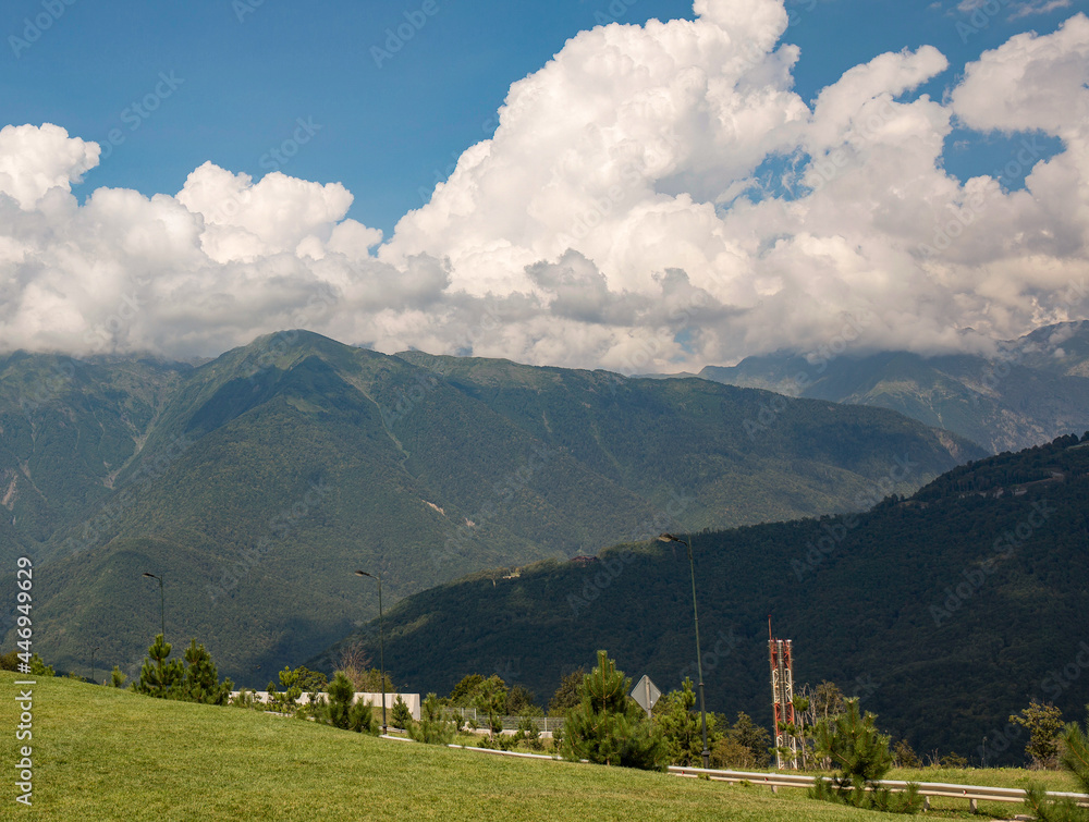 the top of the mountain is covered with a dense forest in summer the top of the mountain is covered with a dense forest in summer