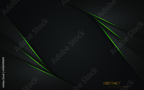 Dark steel mesh abstract background with green glowing lines with space for design. Modern technology innovation concept background