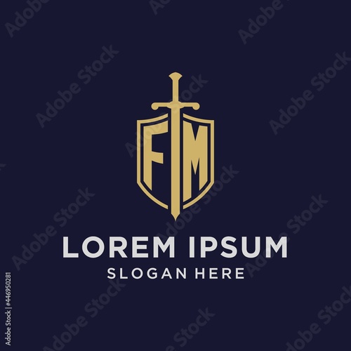 FM logo initial monogram with shield and sword design