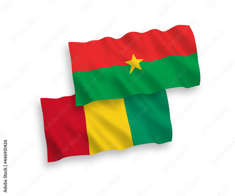 Obraz premium National vector fabric wave flags of Burkina Faso and Guinea isolated on white background. 1 to 2 proportion.