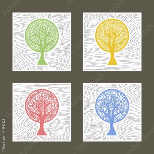 Set of four square abstract posters. The theme of the changing seasons of the year. Stylized trees with a round crown of snowflakes, leaves, patterns. White background with black stripes. Vector.