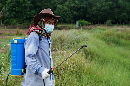 Asian farmer uses herbicides, insecticides chemical spray to get rid of weeds and insects or plant disease in agricultural land. Cause air pollution. Environmental , Agriculture chemicals concept. 