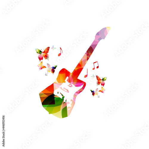 Electric guitar with musical notes isolated for live concert events, jazz music festivals and shows, party flyer. Musical promotional poster with musical instrument colorful vector illustration photo