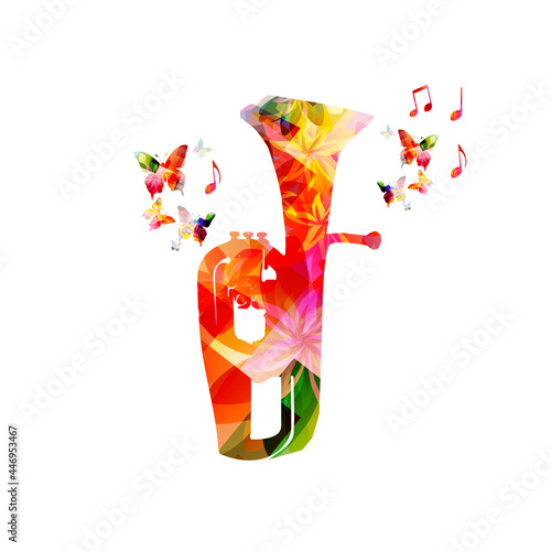 Euphonium with musical notes isolated for live concert events, jazz music festivals and shows, party flyer. Musical promotional poster with musical instrument colorful vector illustration