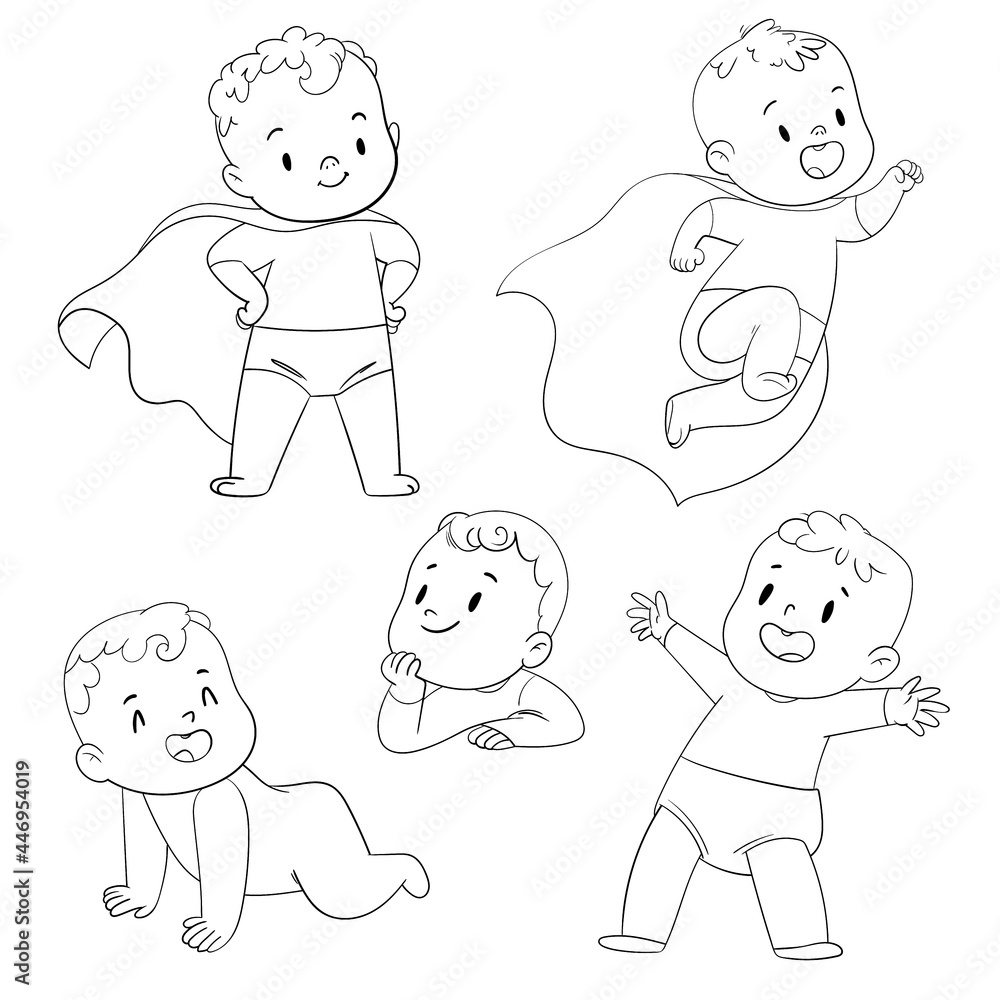 Baby superhero. Funny cartoon character. Coloring book