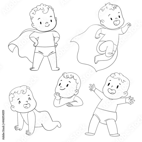 Baby superhero. Funny cartoon character. Coloring book