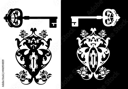 vintage style ornate keyhole and skeleton key - rose flowers ornate black and white vector silhouette design set