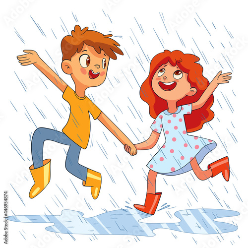 Children jumping in the rain. Kids walk in the rain without an umbrella