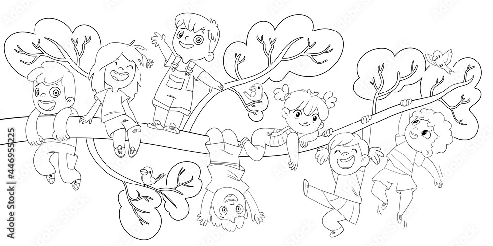 Childrens Day. Children hung on a tree branch. Coloring book